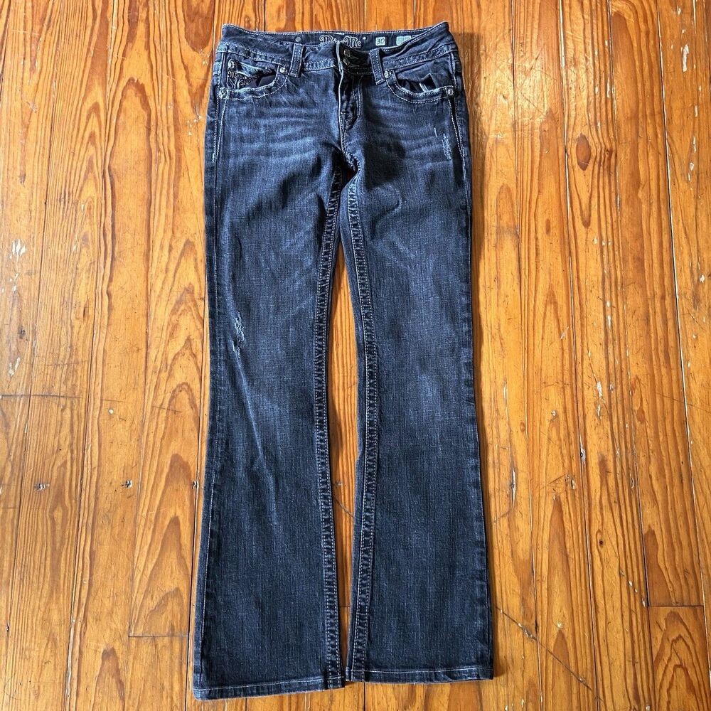 Miss Me Black Embroidered Rhinestone Denim Bootcut Stretch Zip Button Women